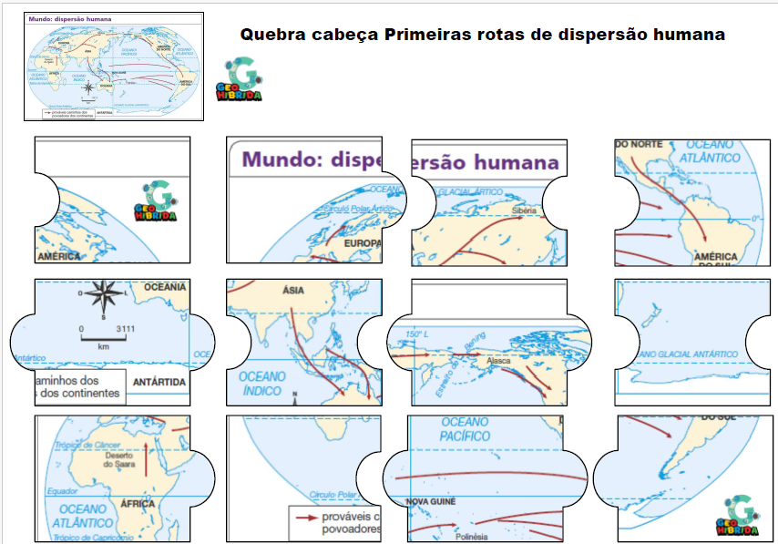 294-Quebra cabeça de 9 peças separadas rotas de dispersão dos seres humanos.